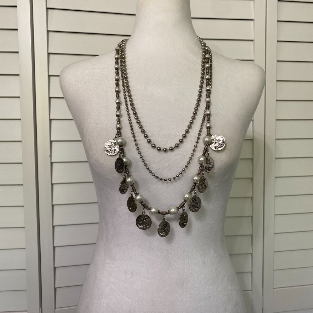 Vintage 70s Statement Necklace with Silver Toned & Faux Pearl Beads 34" #391 - Picture 2 of 5
